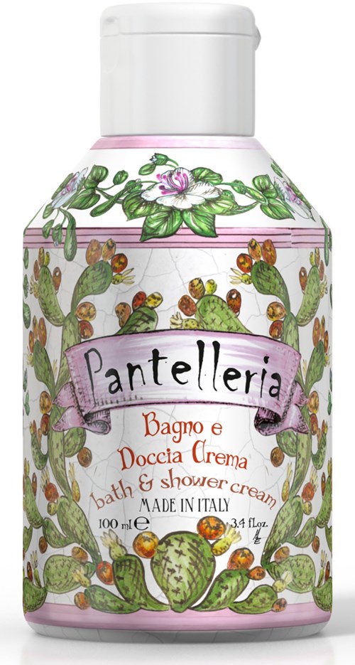 A small bottle with a white cap, decorated with green cacti and pink flowers, labeled "Antelleria" for bath and shower cream.