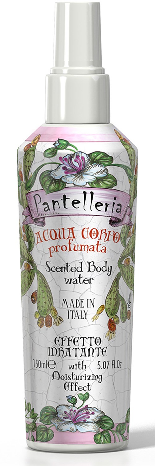 A white spray bottle with pink and green floral decorations, text in Italian indicating scented body water, made in Italy.