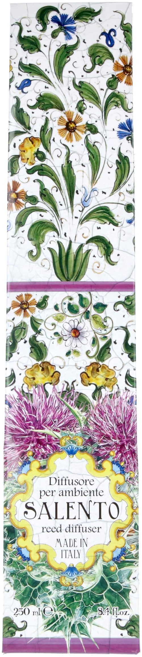 En färggjord blomsterdesign med gröna blad, gula och lila blommor, och en etikett för Salento rökelsediffusor.