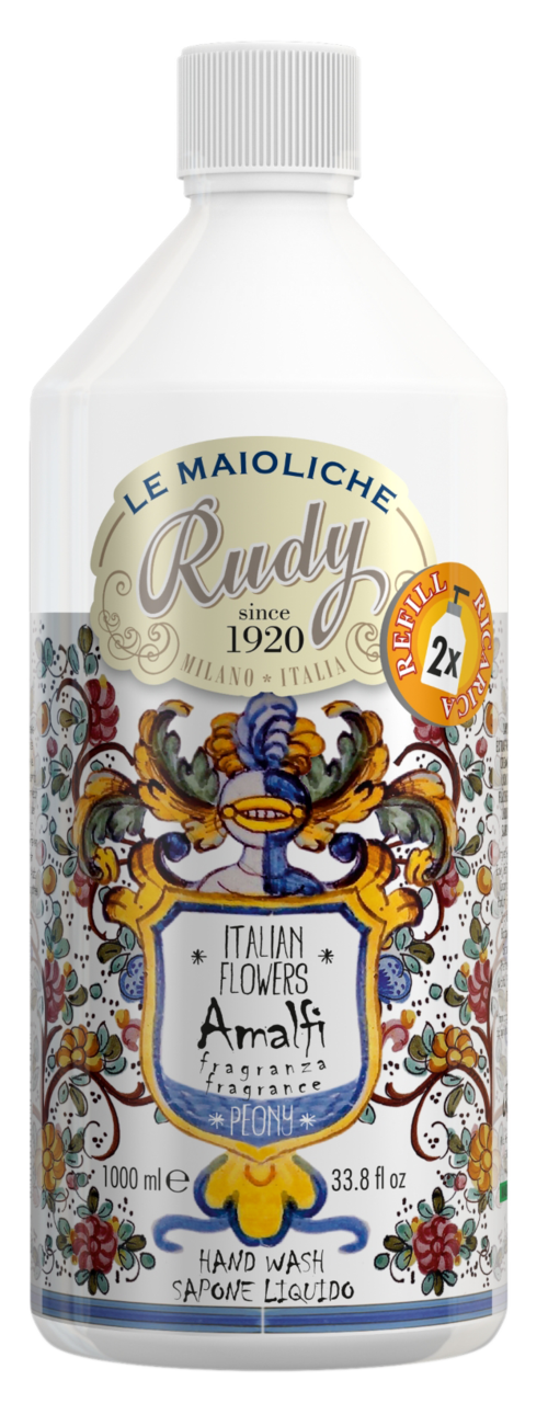 A white bottle of liquid hand wash with colorful floral and decorative patterns, and text about Italian flowers and Rudy.