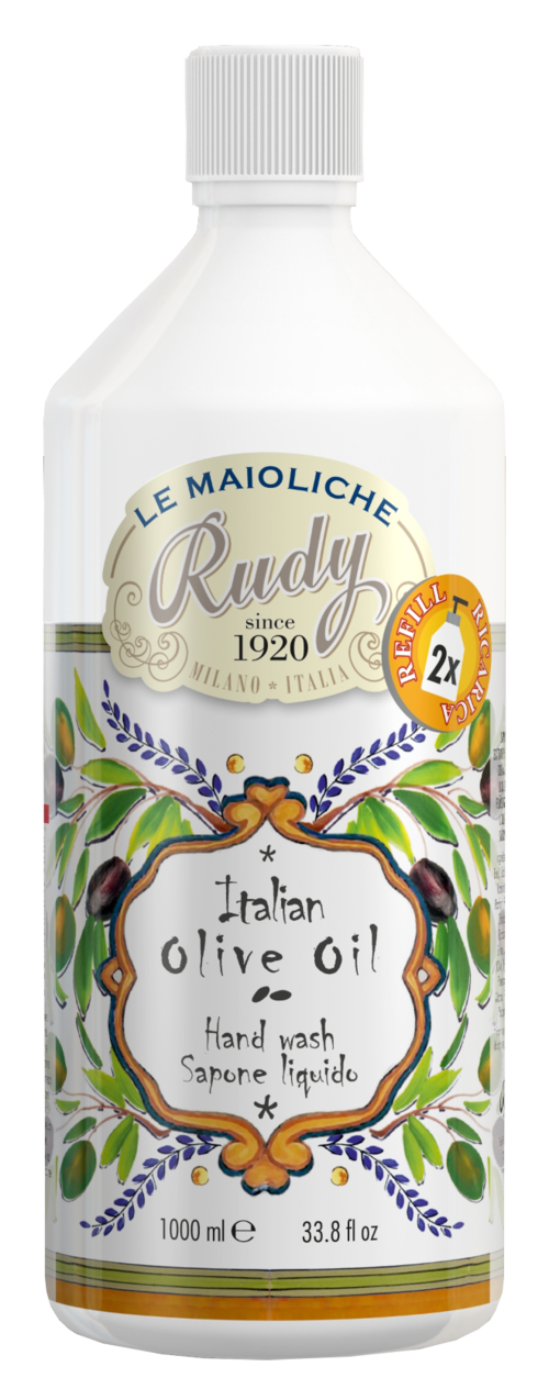 Valkoinen pullo Rudy Italian oliiviöljysaippuaa, jossa on vihreitä, violetteja ja oransseja muotoja.