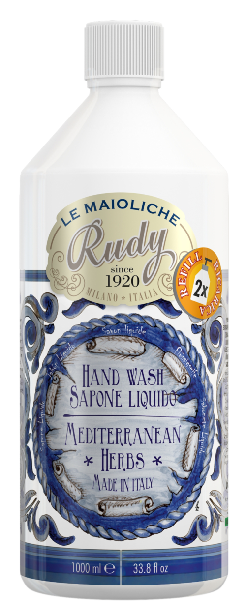 A white bottle labeled 'Rudy' with blue decorative elements, marked as hand wash with Mediterranean herbs, 1000 ml.
