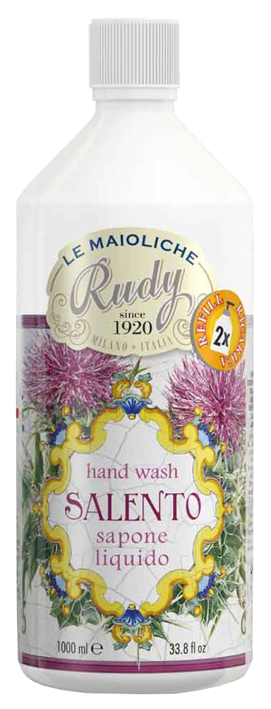 Bottle of liquid hand wash named Salento with purple flowers on the label.