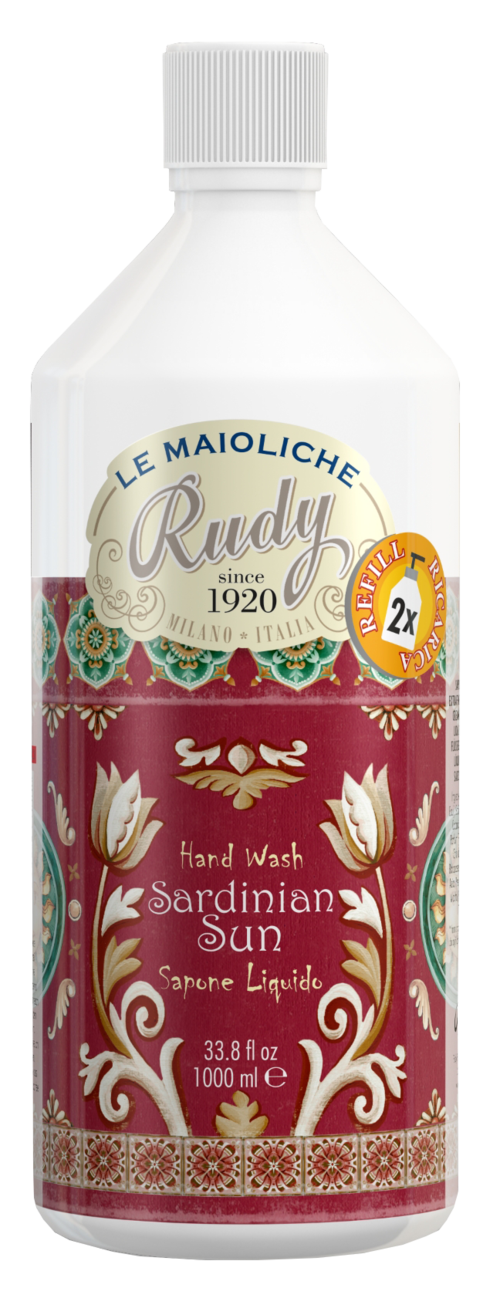 A white bottle of hand wash with a colorful label, showing floral and decorative patterns, and text indicating it is Sardinian Sun.