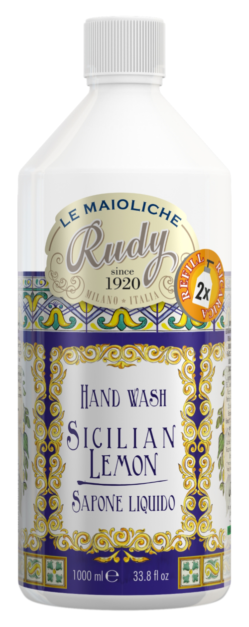 A white bottle labeled 'Hand Wash Sicilian Lemon' with decorative blue and gold patterns and a white cap.