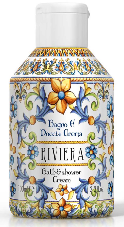 En färgglad flaska med blommönster, märkt som Riviera bad- och duschkräm, 100 ml.
