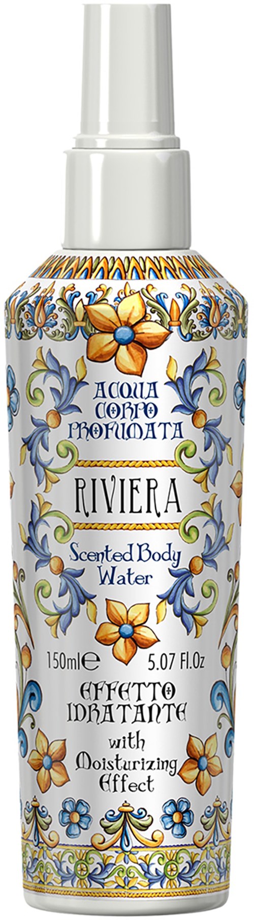 A spray bottle labeled Riviera scented body water with floral and orange designs and a white spray nozzle.