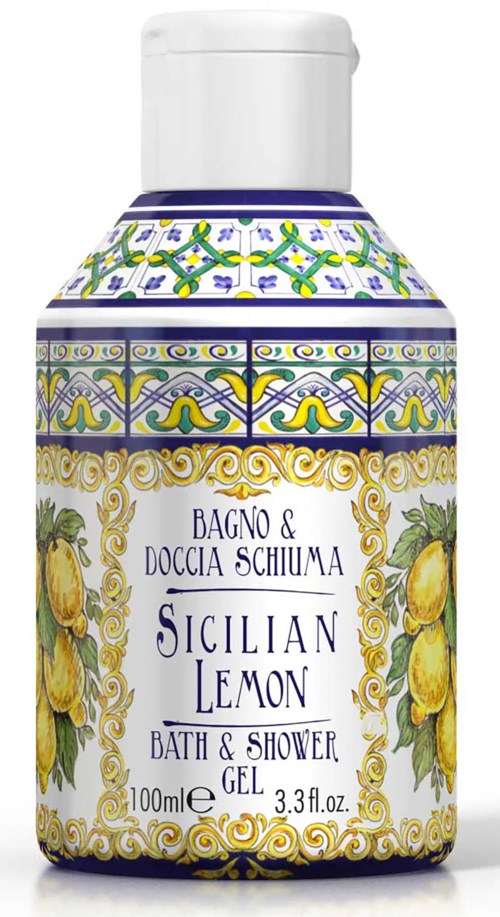 En liten flaska med dekorativa gula citroner och gröna blad, märkt som Sicilian Lemon bath and shower gel.