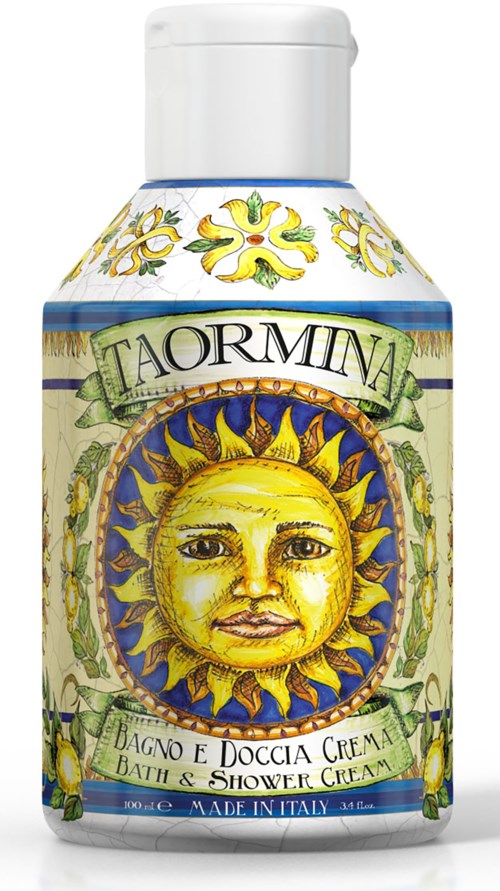 Colorful bottle with a sun and face design, labeled "TAORMINA" and "Bath & Shower Cream".