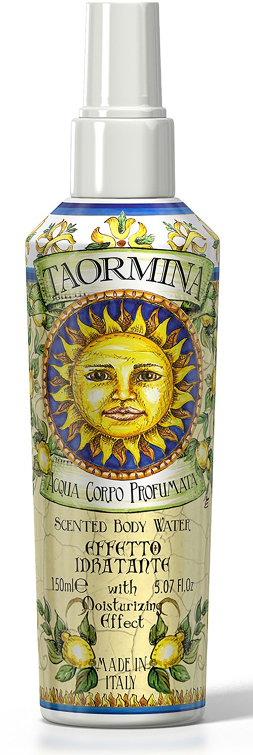 En spraya av doftande kroppsvatten med en färgrik etikett som visar en solansikte och blommor. 150 ml, tillverkad i Italien.