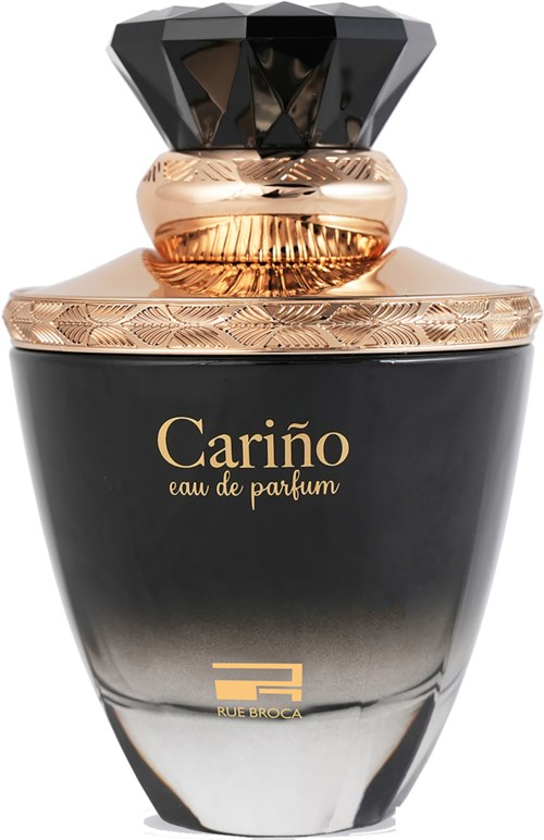 A black perfume bottle with gold writing and a decorative cap, labeled 'Cariño eau de parfum' and a small logo.