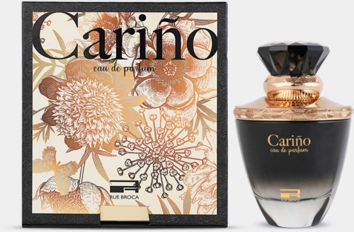 A perfume bottle and box with floral design and gold details, labeled 'Cariño'.