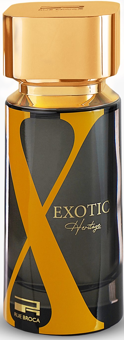 A black perfume bottle with gold and yellow accents, labeled 'Exotic Heritage' and a gold cap.