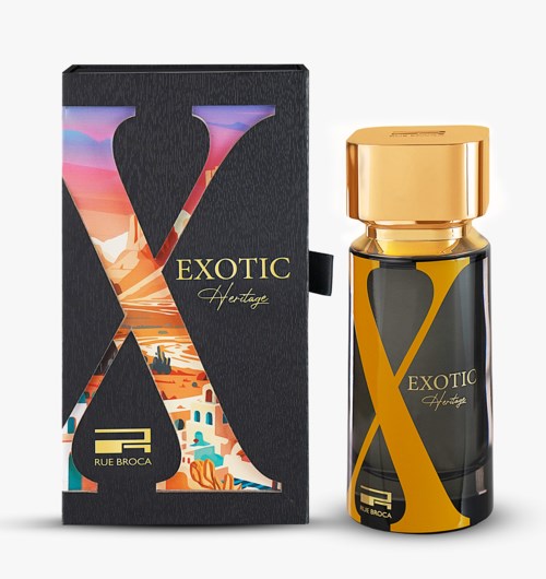 A perfume bottle with a black and gold design, and a box with a colorful landscape artwork and large 'X' letter.