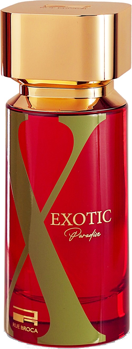 A red perfume bottle with a gold cap and green design, labeled 'EXOTIC' and 'Parque'.