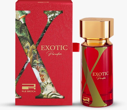 Red box and bottle of exotic perfume with gold cap, green and red design elements.