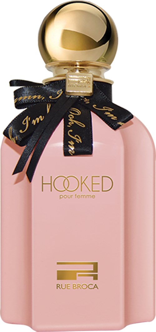 A pink perfume bottle with a gold ball cap and a black ribbon that says "I'm". The label reads 'HOOKED'.