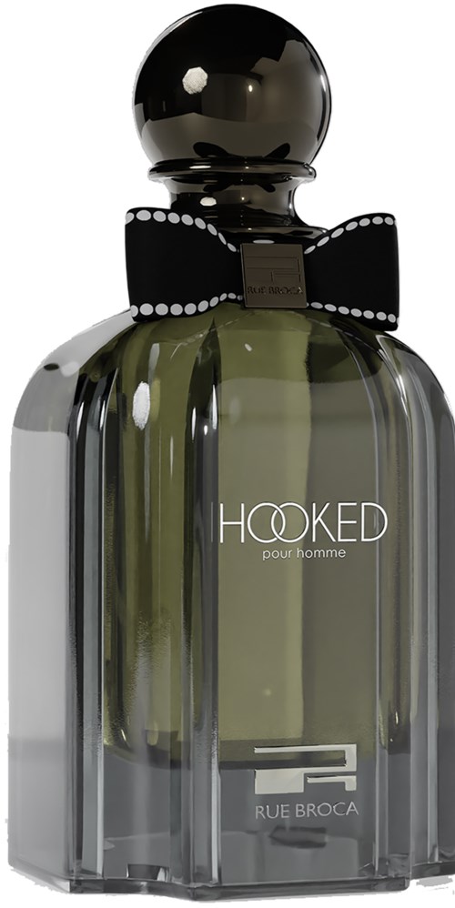 A green perfume bottle with a black spherical top, decorated with a black bow and white dots, labeled 'Hooked'.