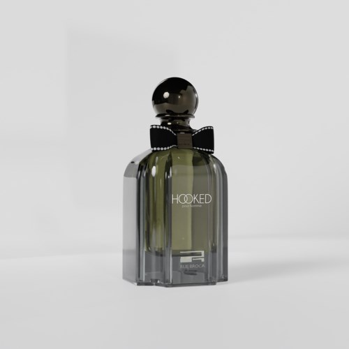 A perfume bottle with a black round cap, a small black bow, and green liquid inside.