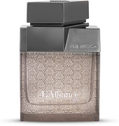 A perfume bottle with a geometric patterned design, silver cap, and brand names 'BLUE BROCADE' and 'Lancôme' visible.