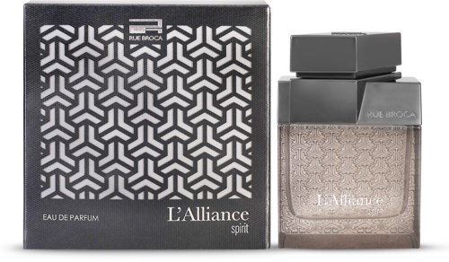 A perfume bottle with a patterned box, labeled 'L'Alliance spirit' by Rue Broca and Yves Saint Laurent.