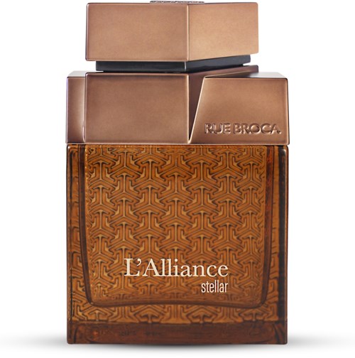 A brown perfume bottle with a decorative geometric pattern and a shiny gold cap.