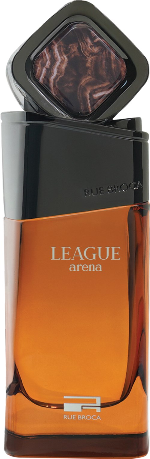 A black and orange perfume bottle with a marble-patterned cap, labeled 'LEAGUE arena'.