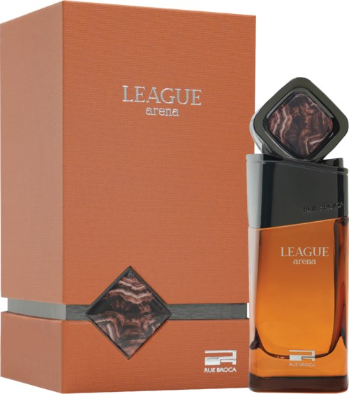 A perfume bottle and box labeled 'LEAGUE arena' with a geometric design and orange-brown color scheme.