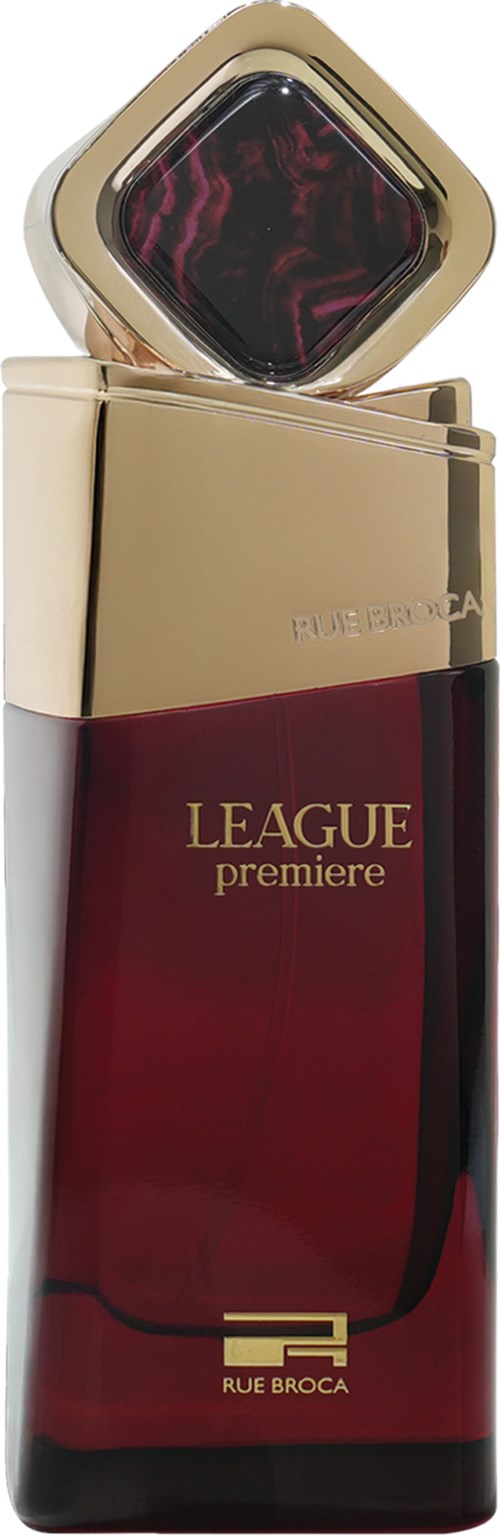En lyxig parfymflaska med guld- och röd färg, med orden "LEAGUE premiere" och ett fyrkantigt lock.