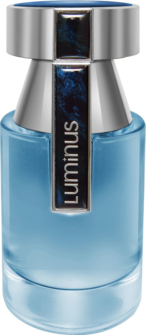 En blå parfyllåda med ett silverlock och en mörkblå etikett som säger "Luminus".
