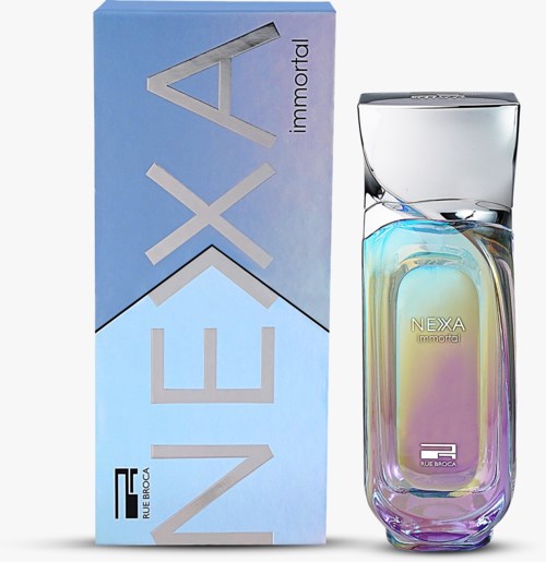 A perfume bottle called Nexa Immortal, with iridescent glass and a sleek silver cap, next to its colorful box.