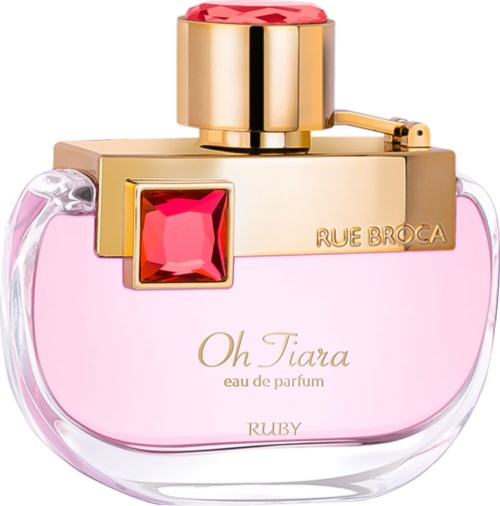 A pink perfume bottle with a gold cap and red gemstone decoration, labeled 'Oh Tiara' and 'RUE BROCA'.
