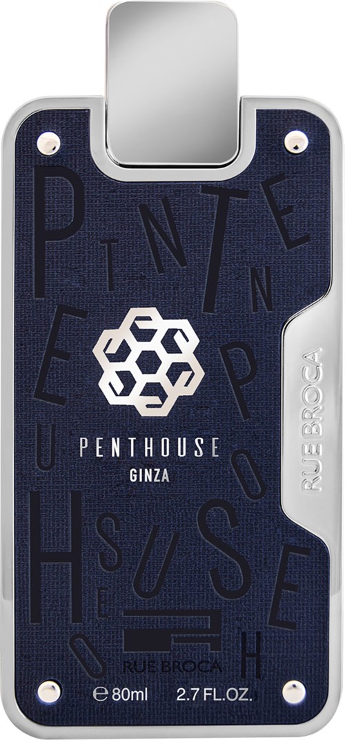 En mörkblå kort med vit geometrisk logga och text, kallad "Penthouse Ginza," med bokstäver och information.