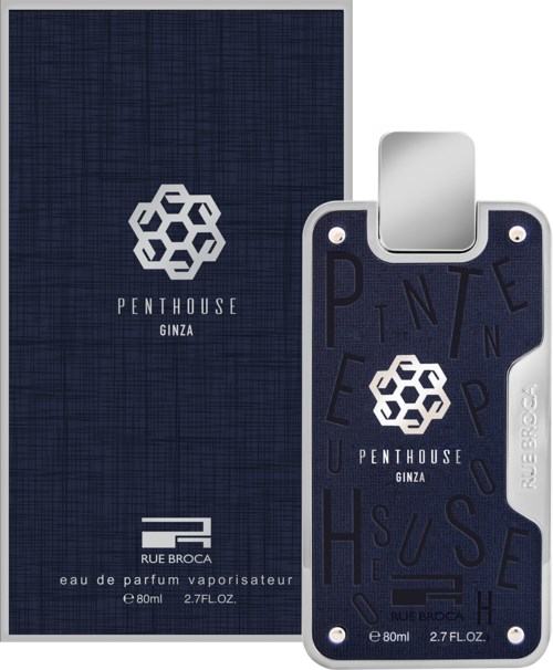 En parf bottle och ask med en hexagonlogga och orden "Penthouse Ginza" på båda.