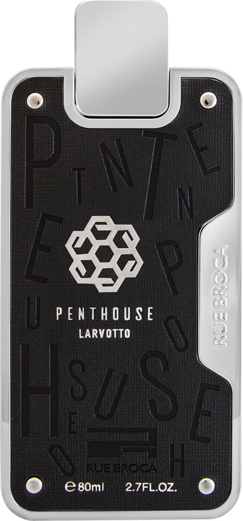 En svart flaska med en vit geometrisk logga, ord och en vit kork, märkt 'PENTHOUSE LARVOTTO'.