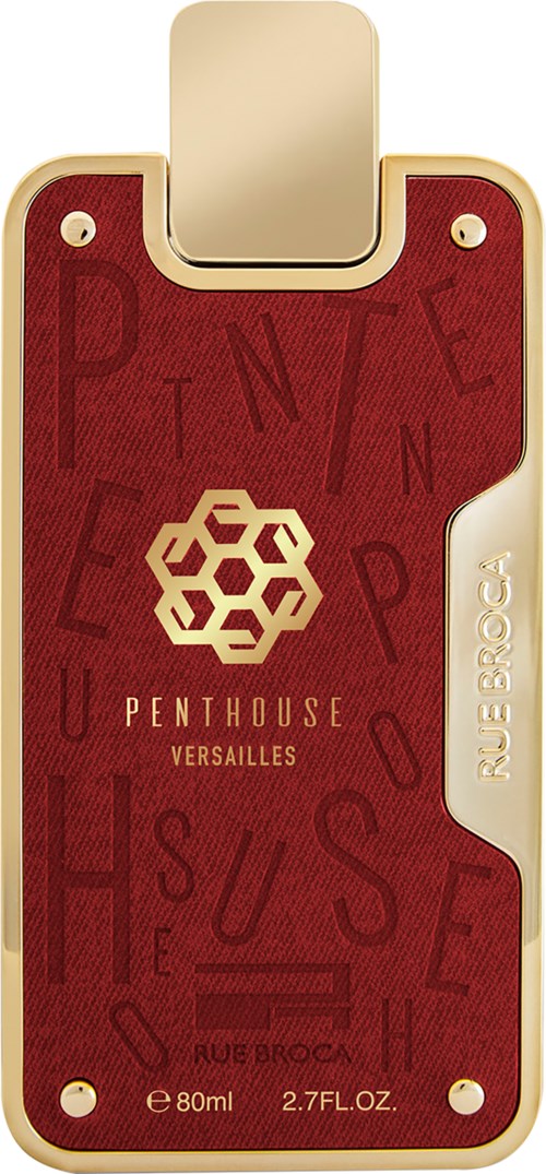 A perfume bottle with a red and gold design, engraved with 'Penthouse Versailles' and a honeycomb logo.