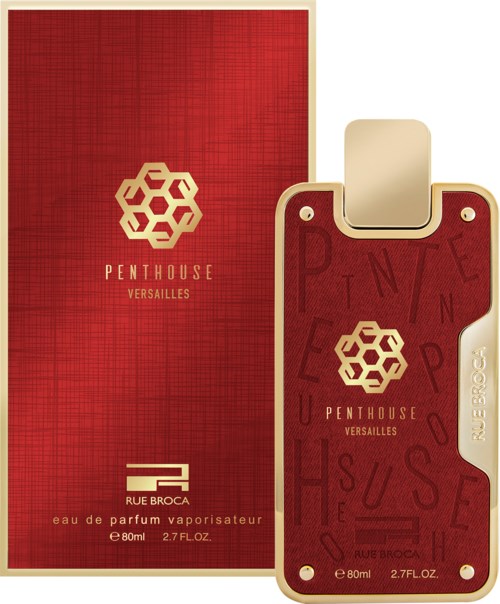 A perfume box and card for Penthhouse Versailles, mainly red with gold logo and lettering, and a repeating pattern.
