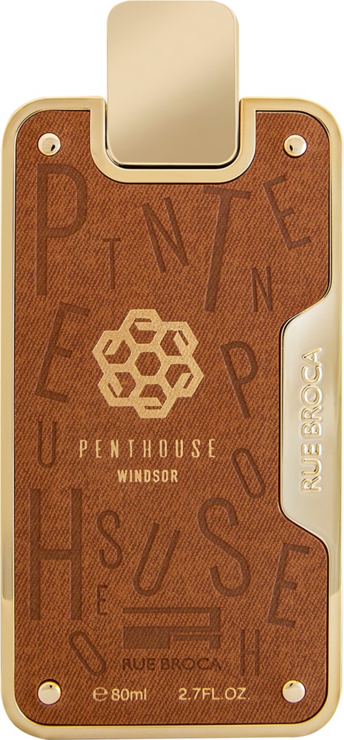 A small, rectangular perfume bottle with a brown textured label, gold edges, and a white cap. It says "Windsor" and "Aube Brooch."