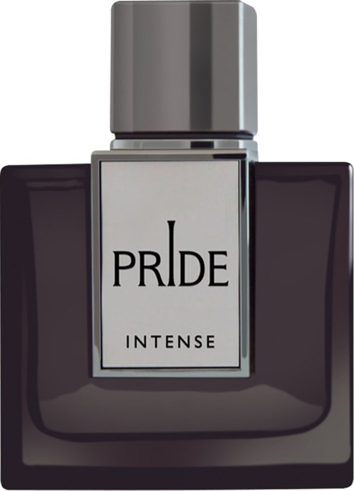 En mörk flaska med silverlock och en etikett som säger 'PRIDE INTENSE'.