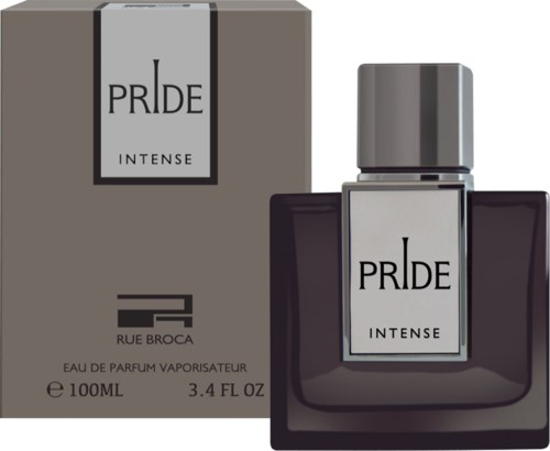 En parfykopp och låda märkt 'PRIDE INTENSE' av Rue Broca, mörk färg, slankt design och silverlock.