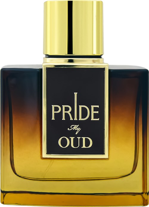 En parfyllflaska märkt 'PRIDE My OUD' med svart och guld design.