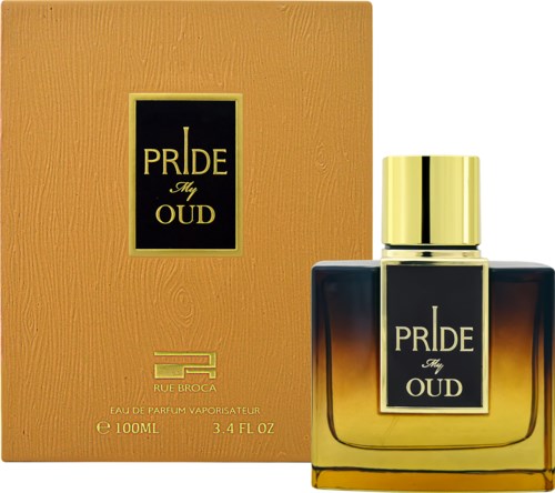 En parf bottle och box i guld och svart, märkt 'Pride My Oud' från Rub Broca, 100ml.