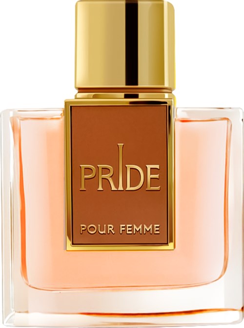 En parfyllflaska med guldkapsel, etiketten läser 'PRIDE POUR FEMME', innehåller ljus orange parfym.