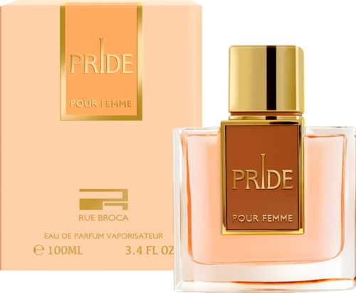 Parfymflaska och box med gulddetaljer, märkta 'PRIDE POUR FEMME,' för kvinnor, 100 ml.