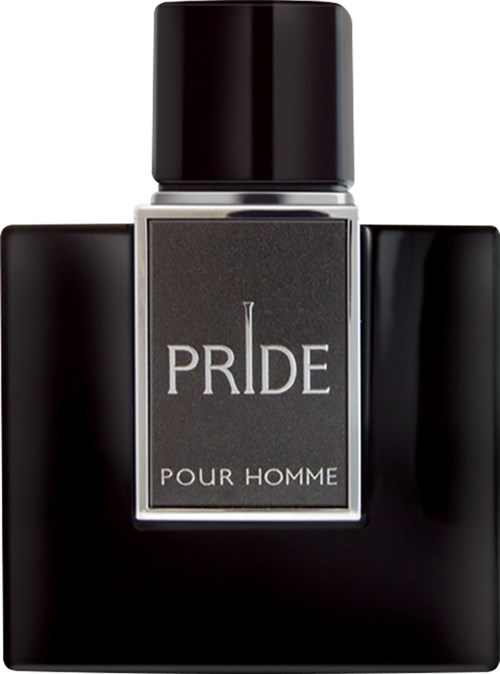 En herrparfymflaska märkt 'PRIDE POUR HOMME' med svart lock och svart-silverdesign.