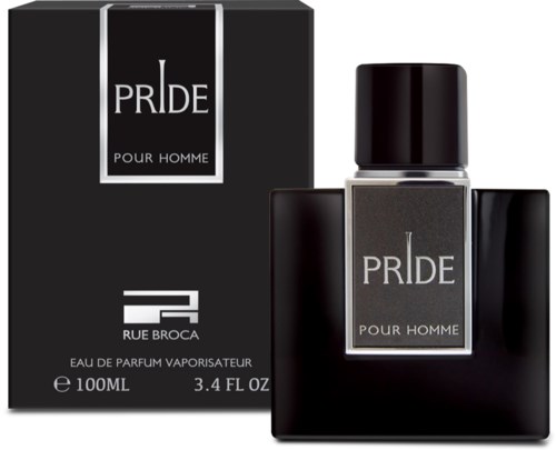 En svart låda och flaska märkt PRIDE Pour Homme, doft med 100 ml storlek, av Rue Broca.