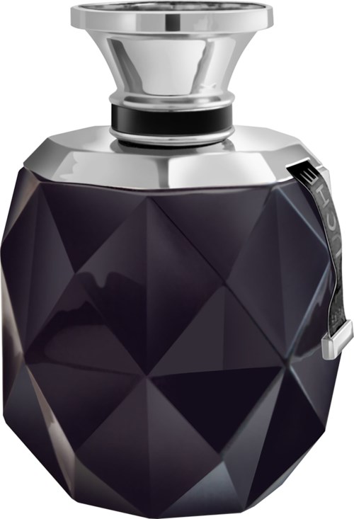 A stylish perfume bottle with a black geometric design and silver top.