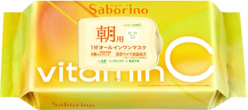 Ett gult och grönt tvålpaket med japanska tecken och orden "vitamin C" och "Saborino."