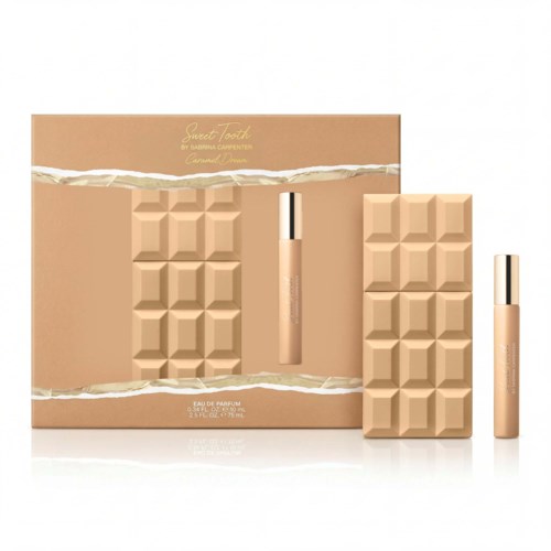 Parfympresentset med en lång flaska och en matchande liten flaska, båda i beige och guld, med en texturerad beige box.