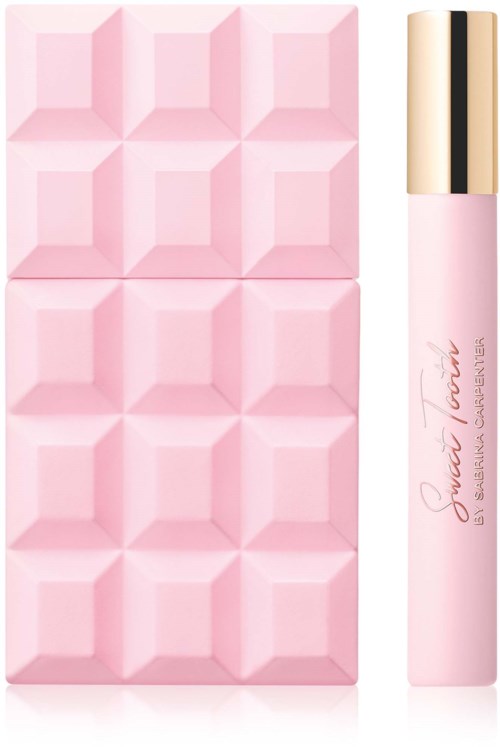 Pink läppglansrör bredvid en rosa ögonskuggspalett i chokladform.
